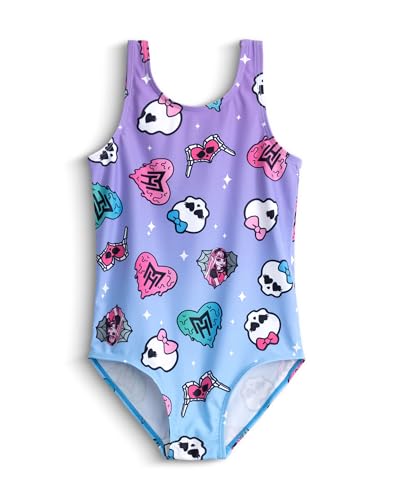 Monster High Draculaura Girls Purple 1 Piece Swimming Costume | Sleeveless Crew Neck Swimwear with All-Over Character Print & Heart Graphics Merch - 7-8 Years