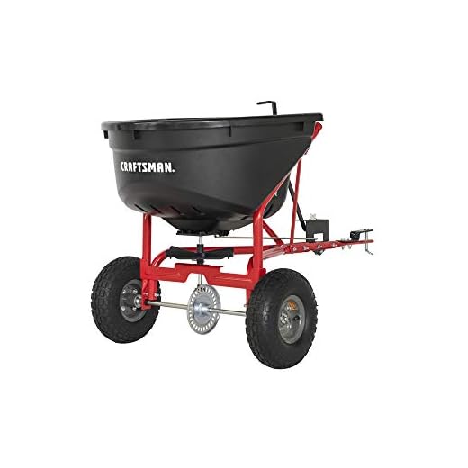 Craftsman CMXGZBF7124571, 110lb Capacity Tow-Behind Lawn Broadcast Spreader, Approximately Coverage of 1/3rd Acre (17,500 sq. ft.), 10-Ft Spread Width, Steel Rod Flow Control, Universal Hitch