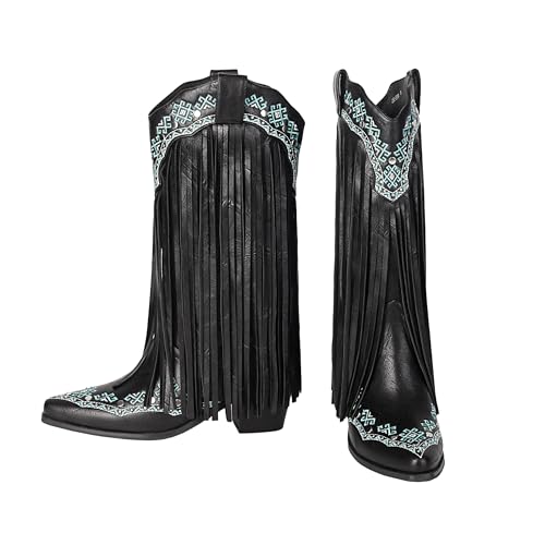 Embroidered Fringe Cowboy Boots for Women, Snip Toe Cowgirl Mid Calf Boots With Rivets Pull On Chunky Heel Embroidered Western Country Boot.2
