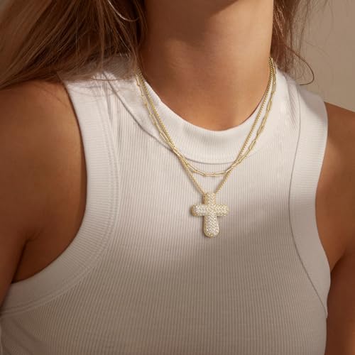 KissYan Bubble Cross Necklace for Women, 14K Gold Plated Cubic Zirconia Cross Pendant Necklaces Simple Trendy Faith Jewelry Gifts2