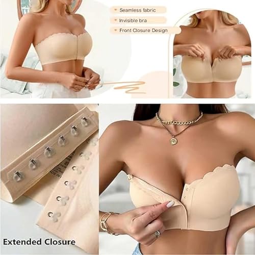 Surpassdo Strapless Bra, Seamless Front Closure Strapless Bandeau Bra, Ultimate Comfort, Non-Slip with Wavy Trim3