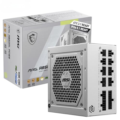 Image of MSI MAG A850GL PCIE5 White Power Supply Unit, 850W, 80 Plus Gold, Fully Modular, ATX 3.0, PCIe 5.0 GPU Support, 120mm FDB Fan, Full-Bridge LLC, Flat Black Cables - 7 Year Warranty