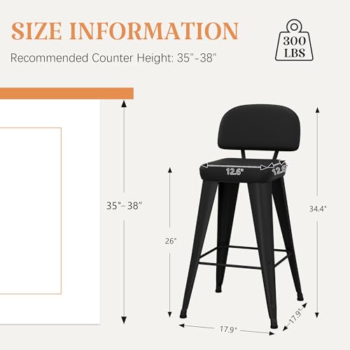 Image of Yongchuang 26 inch Bar Stools Set of 4, Black Faux Leather Counter Height Stools with Back Metal Legs Modern Upholstered Kitchen Island Bar Chairs