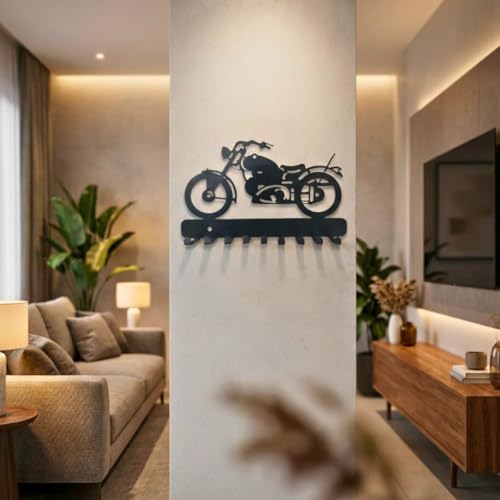 Image of Bike Metal Key Holder | Decorative Wall-Mounted Key Rack & Organizer for Entryway, Hallway, Kitchen | Sturdy Hanger for Keys & Accessories (25x15 cm, 9 Hooks)