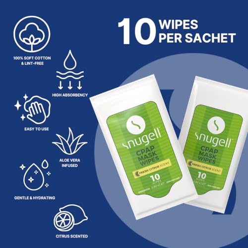 Image of Snugell Citrus Scented Travel CPAP Mask Wipes - 12 Packs 10 Sheets Each - 100% Soft Cotton - Skin-Safe with Aloe Vera - Lint and Alcohol Free- Perfect for Quick and Efficient Cleaning of CPAP Masks