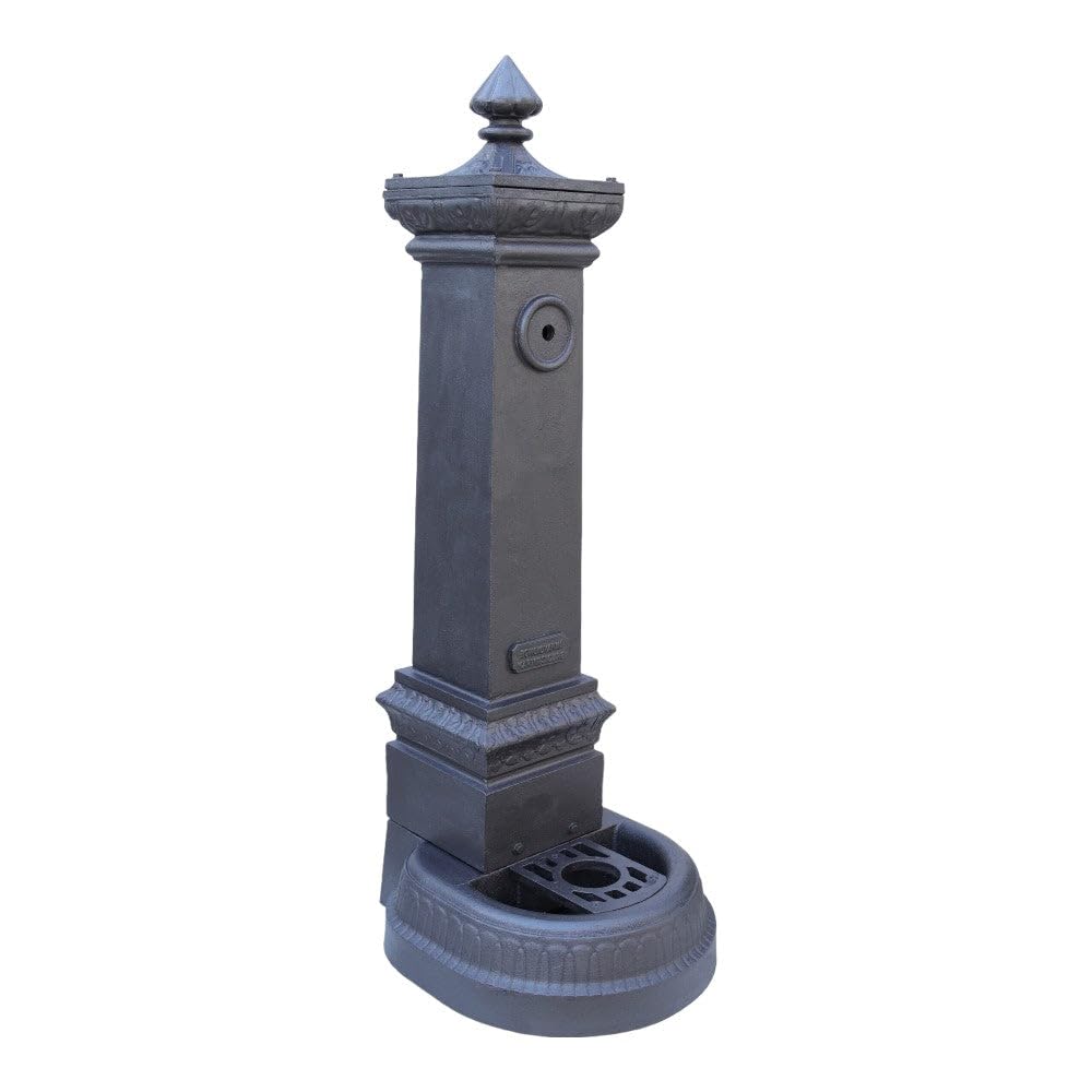 Fontana Da Pavimento in Ghisa Antracite Da Esterno per Giardino, Adatta Agli Agenti Atmosferici, Dimensioni 41x37xH100 Cm, Colore Antracite, Senza Rubinetto
