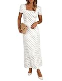 Lingswallow Ladies Polka Dot Dress, Womens Classic Square Neck Maxi Dress Pleated Short Sleeve Midi Polkadot Dresses for Women Retro Tea Party & Cocktail Dress for Wedding Guest and Casual Wear