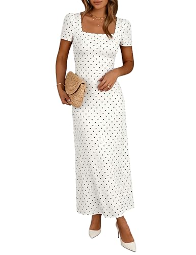 Lingswallow Ladies Polka Dot Dress, Womens Classic Square Neck Maxi Dress Pleated Short Sleeve Midi Polkadot Dresses for Women Retro Tea Party & Cocktail Dress for Wedding Guest and Casual Wear