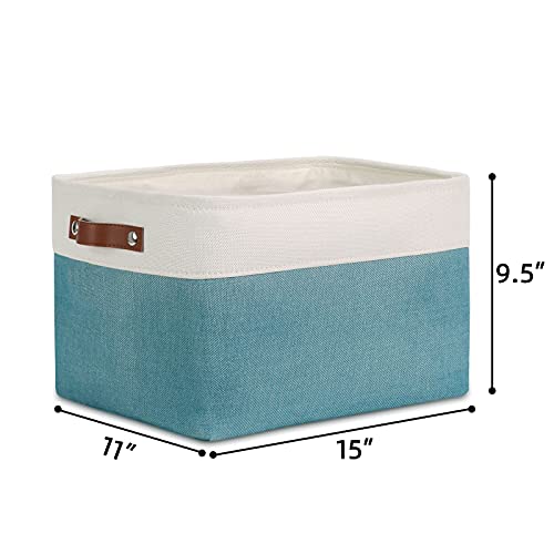 Image of DULLEMELO Fabric Storage Basket for Shelves /Closets, Collapsible Rectangle Basket for Organizing Clothes, Toys, Towels, Books, Laundry, Nursery, Dog Toy Basket Empty (White&Teal)