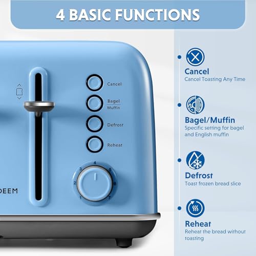 Image of BUYDEEM DT640 4-Slice Toaster, Extra Wide Slots, Retro Stainless Steel with High Lift Lever, Bagel and Muffin Function, Removal Crumb Tray, 7-Shade Settings,Blue
