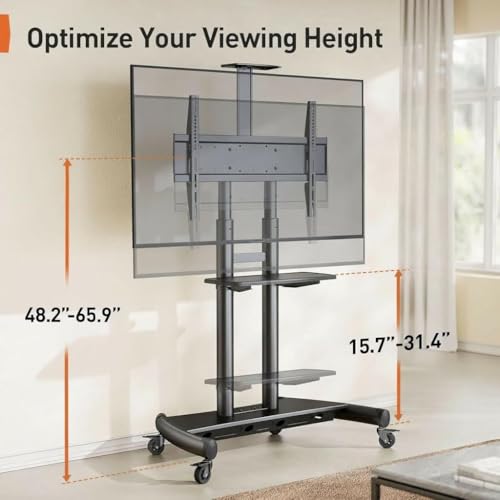 Perlegear Rolling TV Stand, Portable TV Stand on Wheels for 55-90 Inch Screens up to 200 lbs, Adjustable Mobile TV Cart with AV Shelf & Camera Shelf, Outdoor Tv Stand Max VESA 800x500mm, PGTVMC07 by Perlegear - Image 4