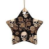 Gothic-Tapete Schädel – Druck Keramik Sternförmige Anhänger – handgefertigte Porzellan-Ornamente Goldschnur für Weihnachten Heimdekoration