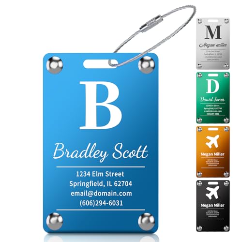 Personalized Luggage Tags for Suitcases, Engraved Stainless Steel Custom Luggage Tags for Cruise Travel, Suitcase Identifier Metal Name Baggage Tag (Sleek Bar Blue)