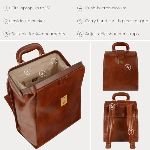 Image of Time Resistance Leather Backpack for Men and Women - Business Rucksack Laptop Bag (Cognac Brown)