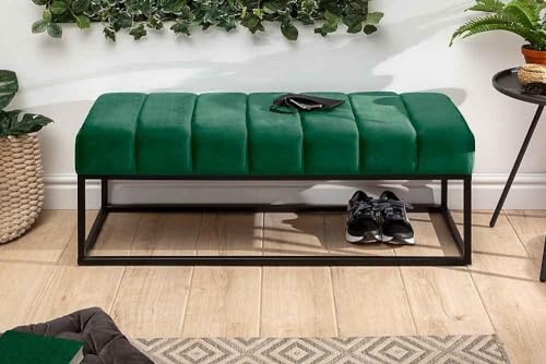 IronKaar Modern Channel Tufted Bench, Grey Velvet Upholstered Ottoman with...