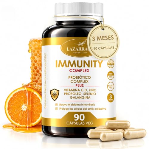 IMMUNITY DEFENSAS COMPLEX 6 EN 1 con Vitamina C + Vitamina D + Propóleo + Zinc + Selenio + Probióticos y Prebióticos + Galangina | Apoya el Sistema Inmunológico l Cápsulas Veganas (90)