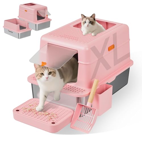 Topyangs Stainless Steel Litter Box with Lid, 20L Metal Enclosed Litter Box for Big Cat, Flip-Top Design with Anti-Leakage High Sides, Large Cat Lovers Gifts, Pink