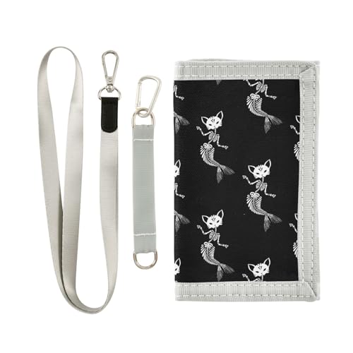 JHKKU Skeletons Cat Mermaids Trifold Wallets for Kids Boys Girls, Outdoor Sports Wallet for Teen, with Zipper Coin Pocket Novelty Purse