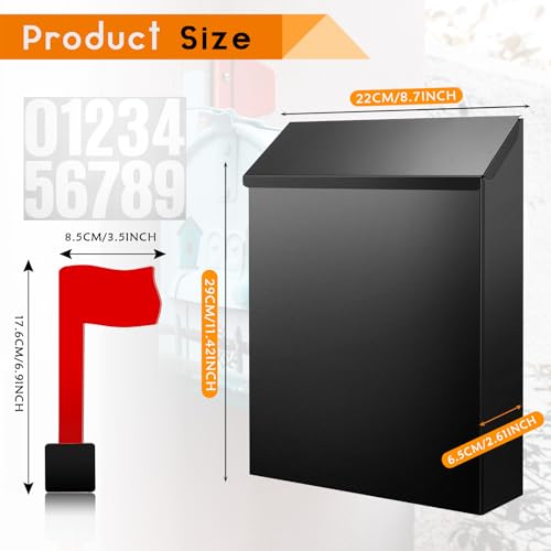 Image of Tandefio 2 Pcs Wall Mount Mailbox with Red Mailbox Flag Reflective Sticker Keys Outdoor Steel Rustproof Lock Post Boxes Outdoor, 11.4 x 8.7 x 2.6 Inches, Black