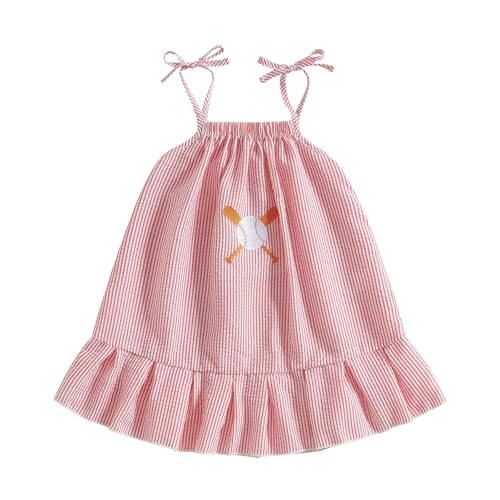 Image of Dewadbow Baby Girls Sports Dress Toddler Seersucker Dress Sleeveless Baseball/Golf Embroidery Sundress Casual Summer Outfit