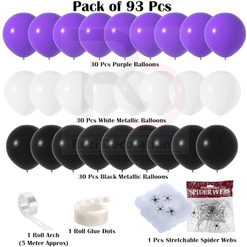 Image of Rozi Decoration Halloween Balloons Garland Kit Pack of 93 Pcs | Purple, White & Black Metallic Balloons with Spider Web Decorations, 5M Arch & Glue Dots for Halloween Party Decor at Home & Garden