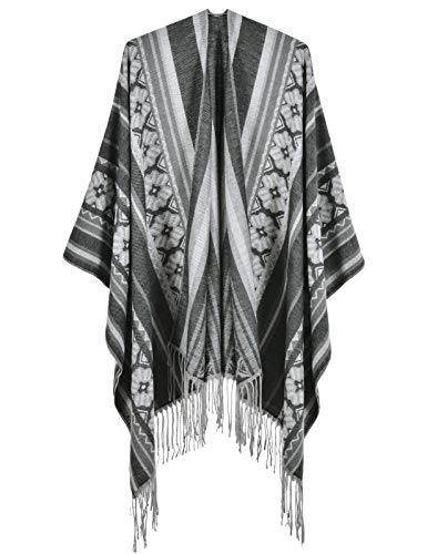 Women's Retro Style Vintage Pattern Tassel Poncho Shawl Cape Tassel-Black