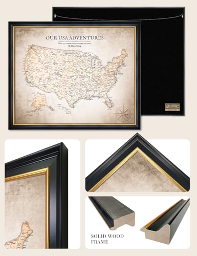 Image of IPIC - Custom USA Map Canvas Wall Art, Personalized Artwork with Names and Message on, Framed Large Travel Map for Home, Office, or Study, Push in Board Decor for Travel Lovers