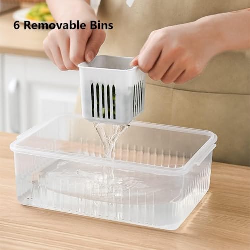 Image of VOLCANO Fridge Storage Containers, Fridge Organizer with Removable Drain Plate & Secure-Sealing Lids, Fridge Storage Boxes Keep Fruits, Vegetables Fresher, Container Box (6 grid Fridge Storage Box)