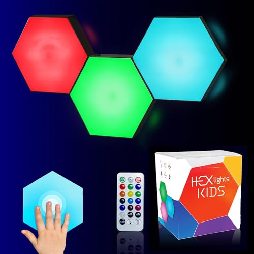 Emberela HEXlights Sensory Lights for Kids - 3pk Touch Hexagon Lights, Remote Controlled - Autism-Friendly Tap Tap Wall LED Panels for Sensory Room - Table Stand Included | Gifts for Kids with Autism