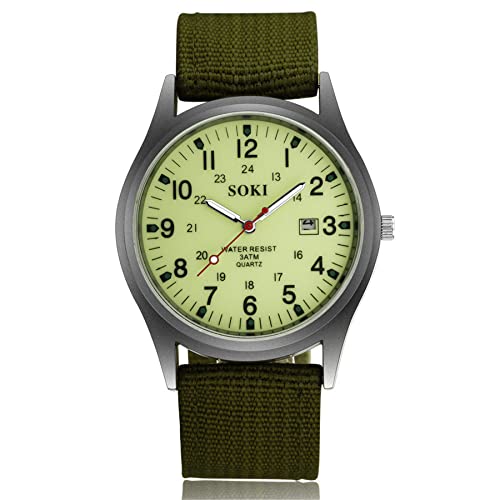 JewelryWe Men's Military Green Dial Nylon Strap Quartz Calendar Wrist Watch Night Vision Luminous Wristwatch,