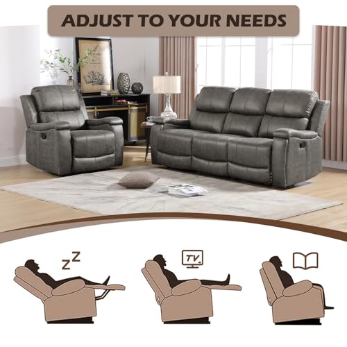 Image of CANMOV Faux Leather Manual Recliner Sofa Set, Manual Reclining Sofa and Recliner Chair with Concealed Cup Holders for Living Room,Bedroom Furniture,Grey