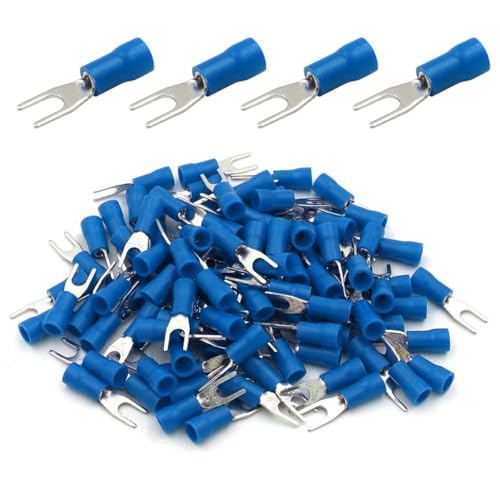 ANGSTROM #6 Bolt Fork Spade Terminals, Insulated Electrical Crimp Connectors 100pcs (16-14ga Blue)