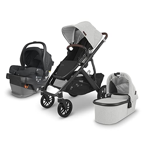 Vista V2 Stroller – Anthony (White & Grey Chenille/Carbon/Chestnut Leather) + MESA V2 Infant Car Seat – Jake (Charcoal)