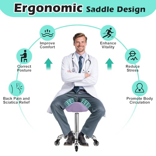 Image of Saddle Stool Chair with Wheels, Ergonomic Thicker Saddle Seat Design for Healthy Sitting Posture, PU Leather, Rolling Saddle Stool with Silent Rubber Wheels Adjustable for Salon Massage Home, Purple