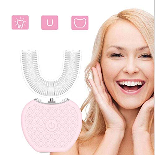Cepillo de dientes eléctrico tipo U de frecuencia variable y totalmente automático, dientes ultrasónicos de luz fría tipo U de 360 ° para blanquear el cepillo de dientes Limpiador de boca (rosado)