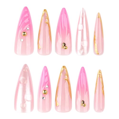 Image of Pink Press on Nails Long Stiletto Fake Nails Ombre Glue on Nails with Gold Design Glossy False Nails Reusable Artificial Acrylic Full Cover 3D Ocean Shell Stick on Nails for Women Manicure 24Pcs
