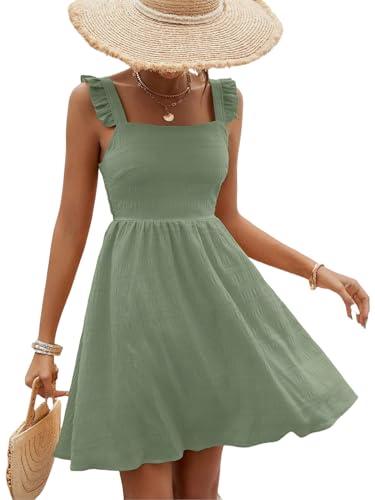 Image of SISKIN Women's Summer Spaghetti Strap Sleeveless Square Neck Ruffle A Line Swing Mini Dress 2025