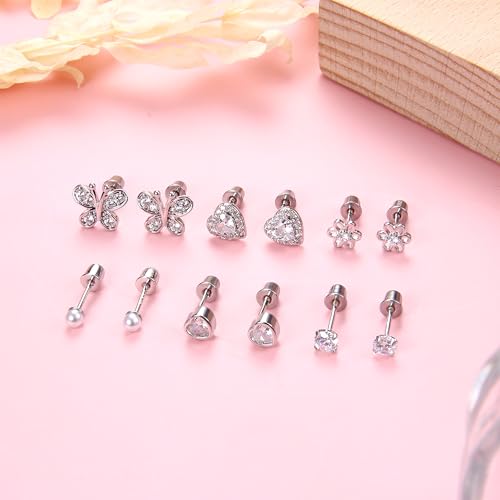 Florideco Hypoallergenic Earrings for Girls Women S925 Sterling Silver Stud Earrings Heart CZ Toddler Earrings Pearl Butterfly Girl Earrings Screw Back Earrings for Sensitive Ears(over 4 years old)4