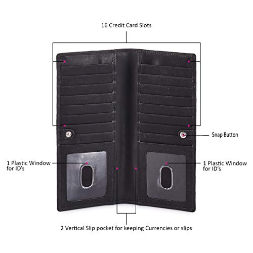 Image of Long Wallet for Men Women Real Leather Bifold RFID Stylish Slim Handmade 2 ID Window Credit Card Holder in Gift Box (Black, Crazy Horse)