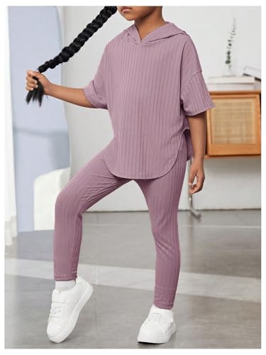 Image of Floerns Girls 2 Piece Outfit Solid Hooded Tee Shirt with Leggings Pants Set
