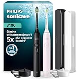 Brosse à dents électrique Philips Sonicare série 3100 – capteur de pression, 3 intensités, EasyStart, SmarTimer, autonomie 14 j, étui de voyage, pack de 2, noir/rose pâle, HX4072/42, [Nouveau]