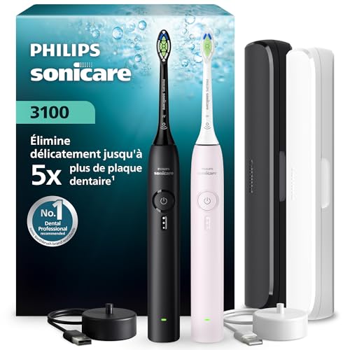 Brosse à dents électrique Philips Sonicare série 3000 – capteur de pression, 3 intensités, EasyStart, SmarTimer, autonomie 14 j, étui de voyage, pack de 2, noir/rose pâle, HX4072/42, [Nouveau]