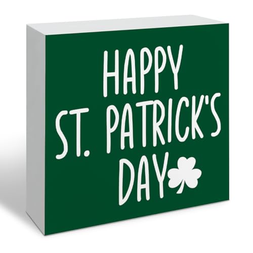 St Patrick's Day Decorations Wooden Block Sign, 'Happy St. Patrick’s Day' Green Farmhouse Table Decor for Kitchen Tiered Tray, Office Desk Shelf Mantel Irish Spring Decor