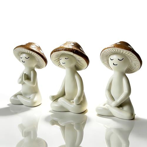 HPZIHYNAP 3 Pcs Ceramic Meditation Mushroom Figurines Set,...