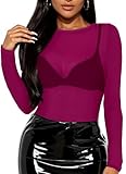 Women's Mesh Tops Sheer Long Sleeve Tee Shirts Bodycon See Through Blouse Clubwear(Rose Red,S)