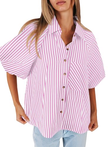 Image of Tankaneo Womens Short Puff Sleeve Button Down Shirts Striped Trendy Casual Loose Fit Blouse V Neck Collared Tops