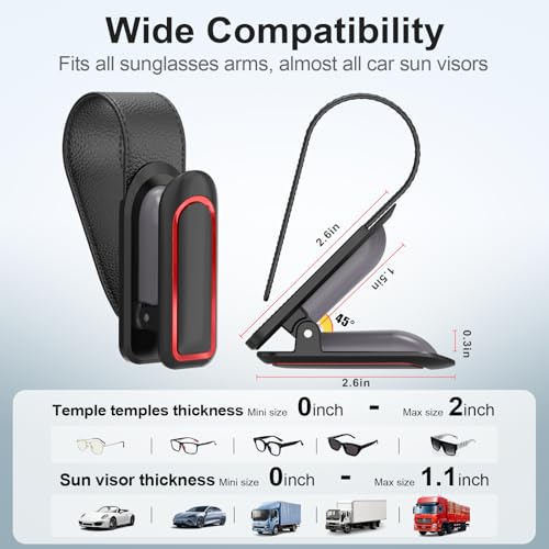 Veharvim Sunglass Holder for Car (One-Handed-Operation, Gentle & Secure Hold, Silicone Padded, Universal Fit, Metal Clip) Visor Sunglass Holder Clip,Visor Sunglass Holder Car (Black & Red, 2 Pack)