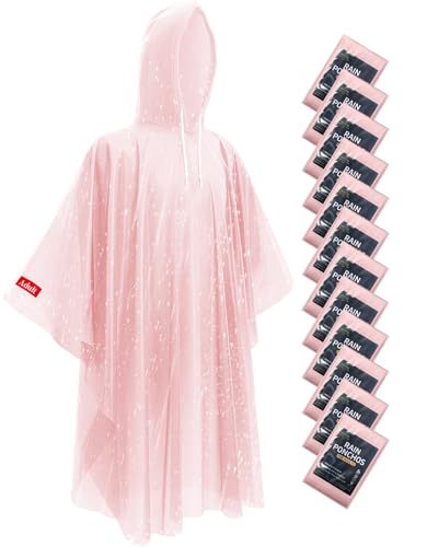 Disposable Rain Ponchos - Extra Long Waterproof Emergency Poncho with Hood for Adults Bulk Family 12 Pack Raincoat for Park Concerts Hiking Camping Essentials Home Emergency Survival Kits Pink