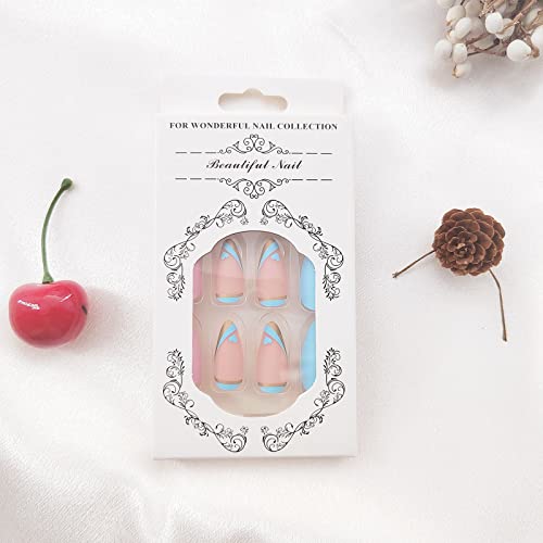 Press On Nails Medium Almond Fake Nails False Nails With Simple Multicolor Waves Designs French Tip Full Cover Stick On Nails Glossy Glue On Nails For Women #TOP4