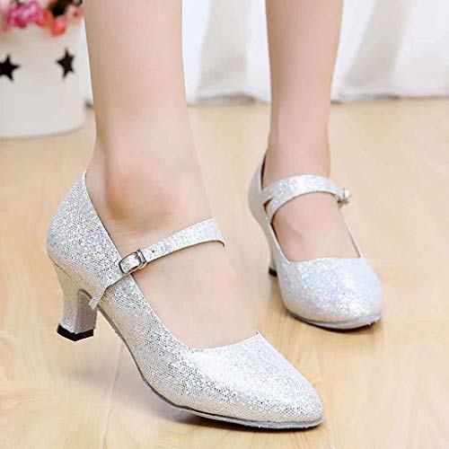 Womens Glitter Sequins Dance Shoes Buckle Strap Mid-High Heels Shoes Ballroom Latin Tango Rumba Performance Shoes (US:7.5, White)